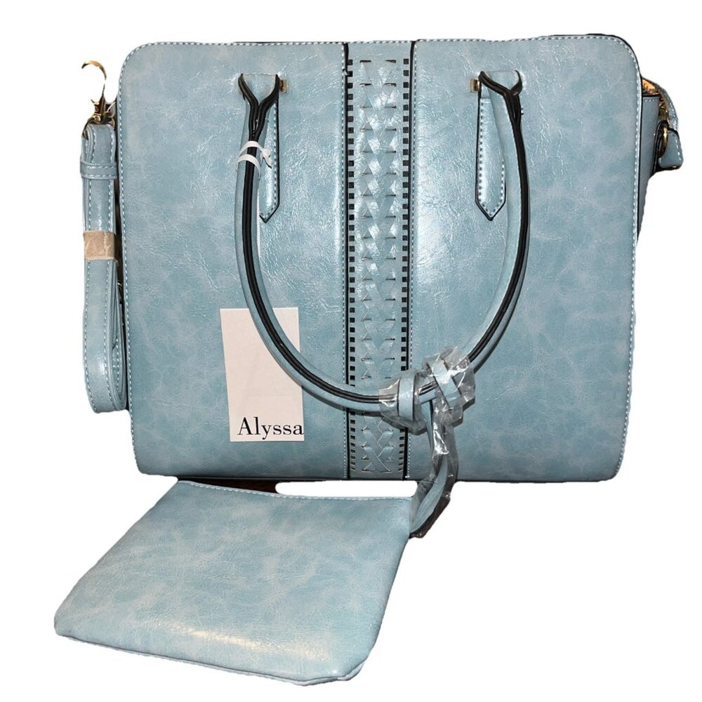 New Large Alyssa Purse W/wrist Wallet Bag Blue 3 Piece Roomy Vegan Leather